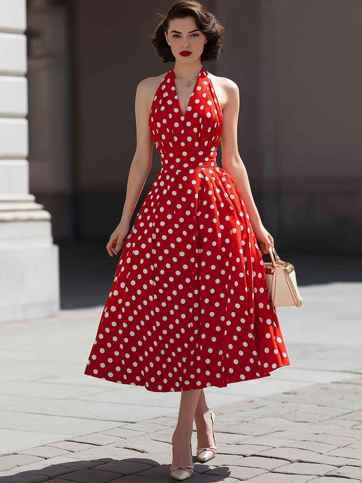 Sukienka midi w kropki z dekoltem halter i w kształcie litery A