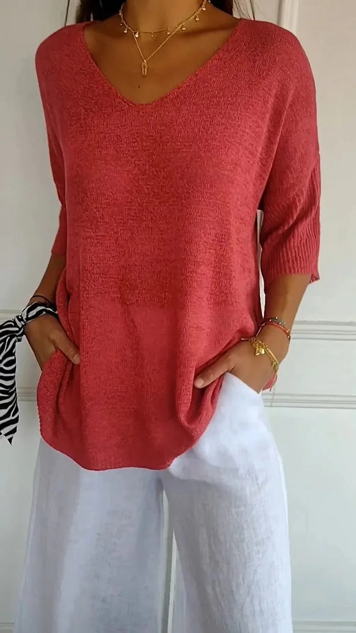 Kinga | Oversizowy Sweter z Dekoltem w Serek