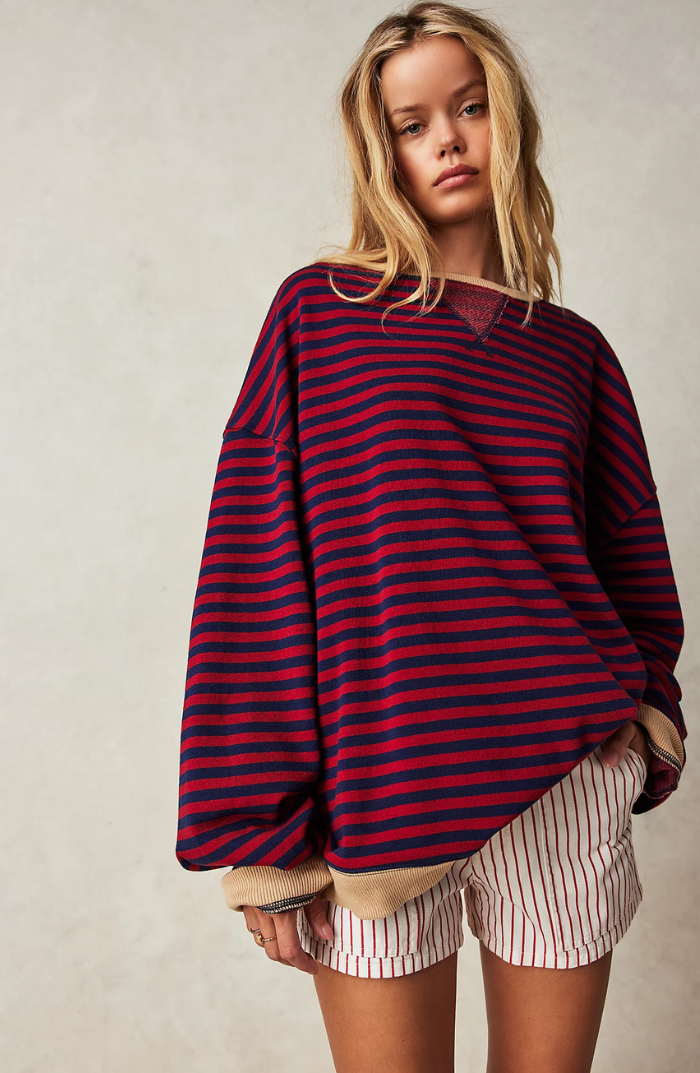 Pola | Oversizowy Sweter w Paski z Rekawami Nietoperz