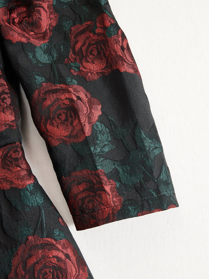 Elegancka Midi Sukienka z Wzorem Róż w Żakardzie