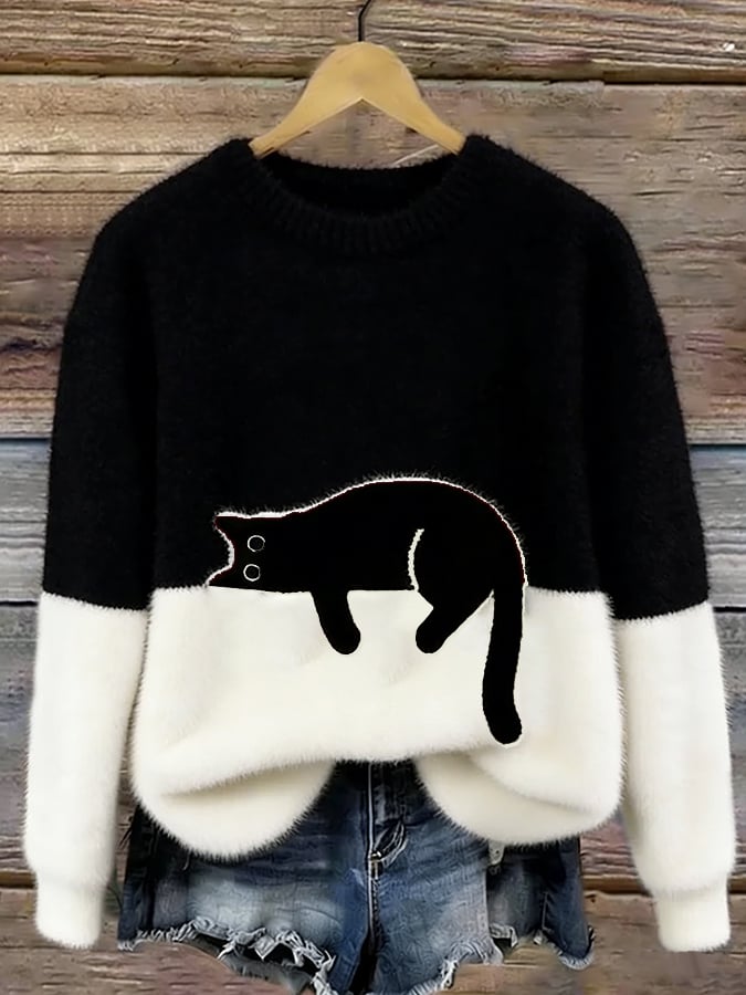 Inez | Sweter z Motywem Kota z Mieszanki Welny