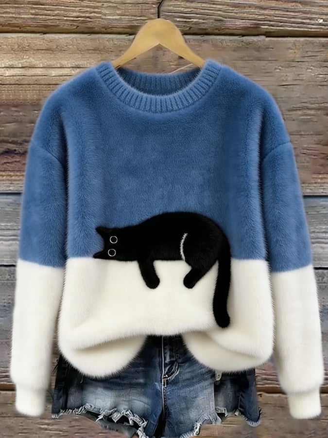 Inez | Sweter z Motywem Kota z Mieszanki Welny