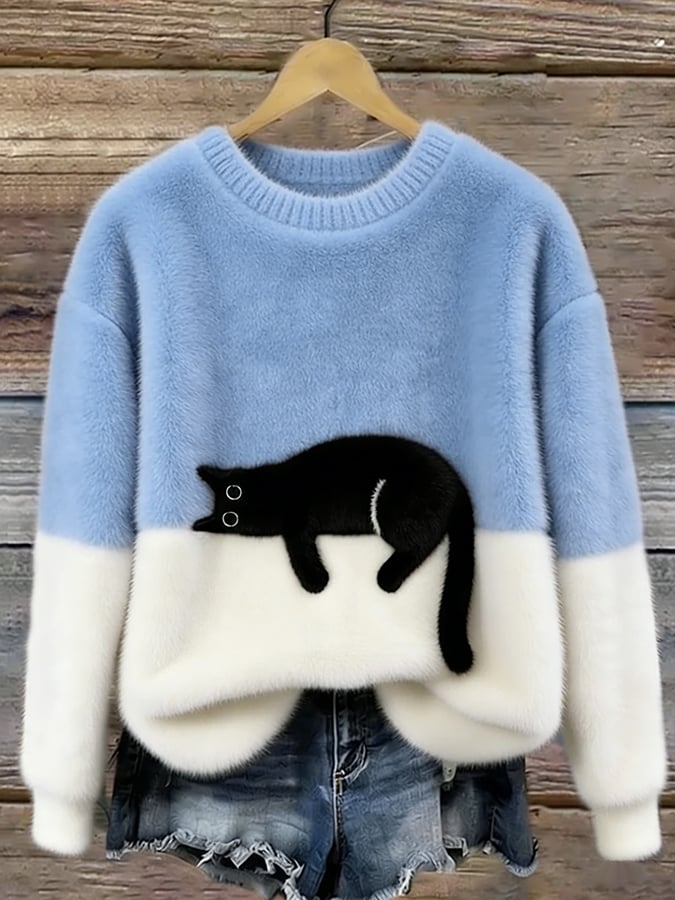 Inez | Sweter z Motywem Kota z Mieszanki Welny
