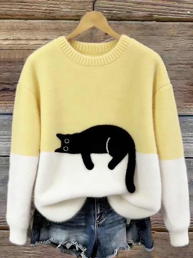 Inez | Sweter z Motywem Kota z Mieszanki Welny