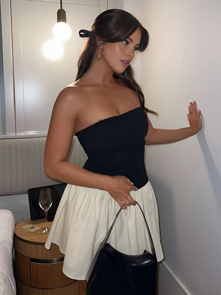 Patchworkowy Bustier Bez Pleców Krótka Sukienka