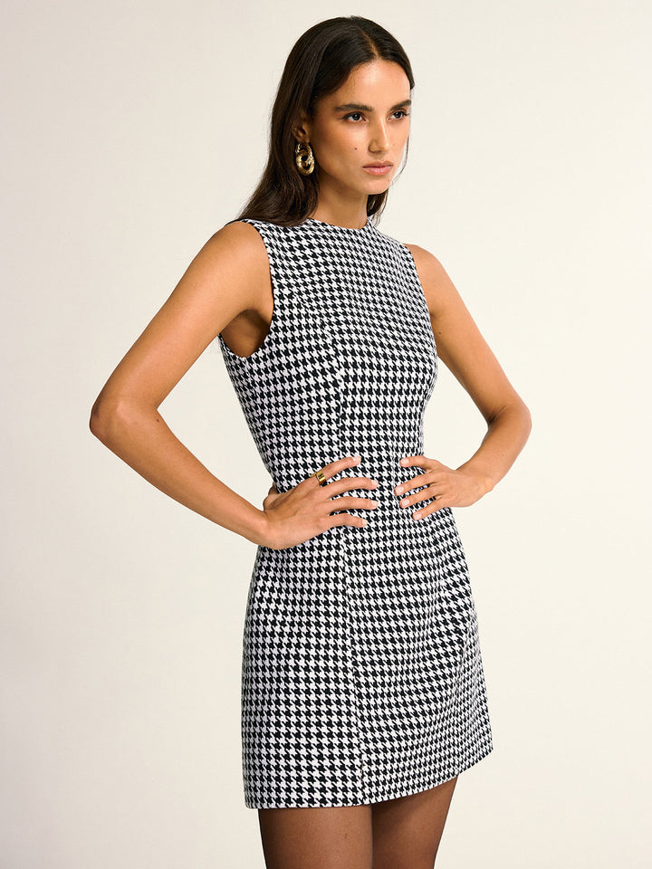 Sukienka mini bez rękawów w wzór houndstooth