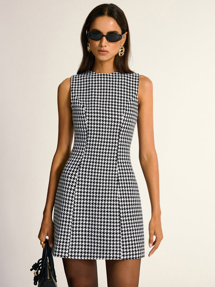 Sukienka mini bez rękawów w wzór houndstooth