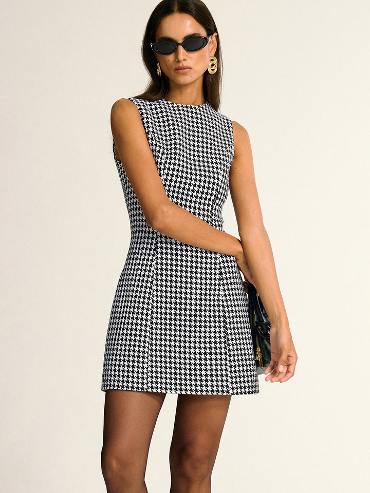 Sukienka mini bez rękawów w wzór houndstooth