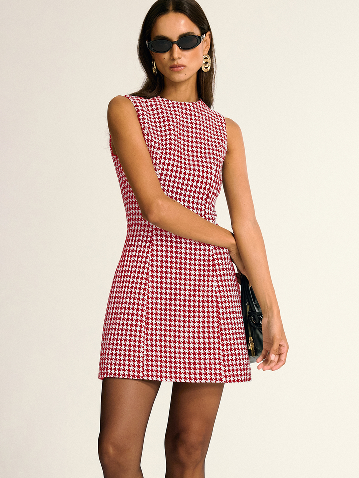 Sukienka mini bez rękawów w wzór houndstooth