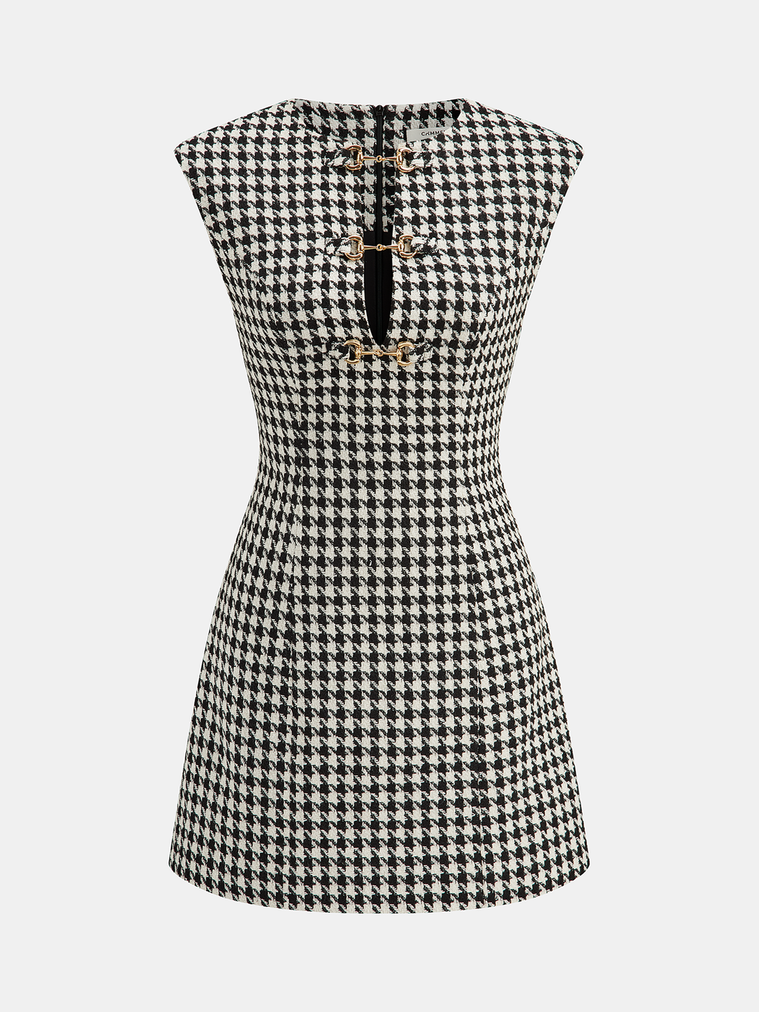 Sukienka mini w kratę houndstooth z detalem w kształcie wędzidła