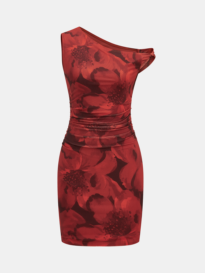 Sukienka bodycon z marszczeniem na jedno ramię w kwiatowy wzór
