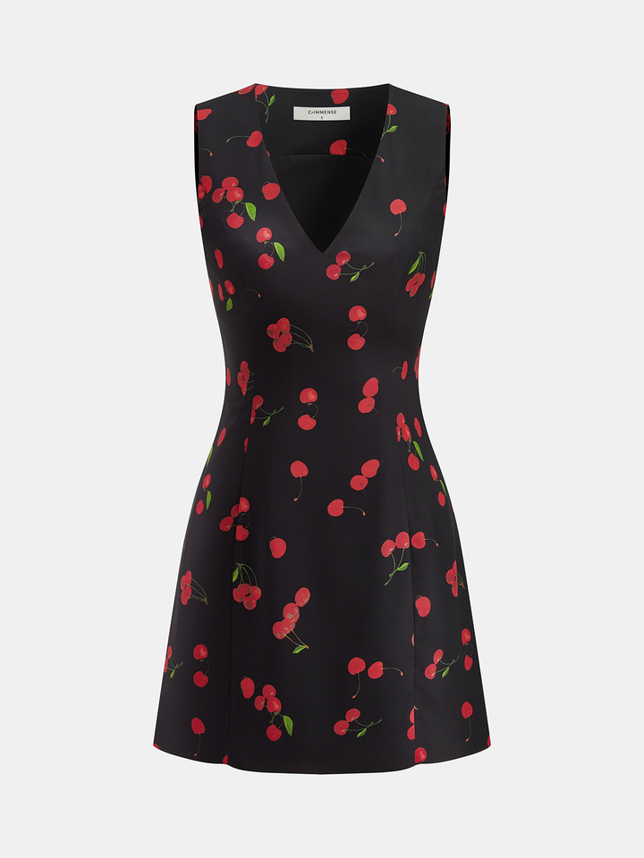 Sukienka mini bez rękawów w print wiśniowy