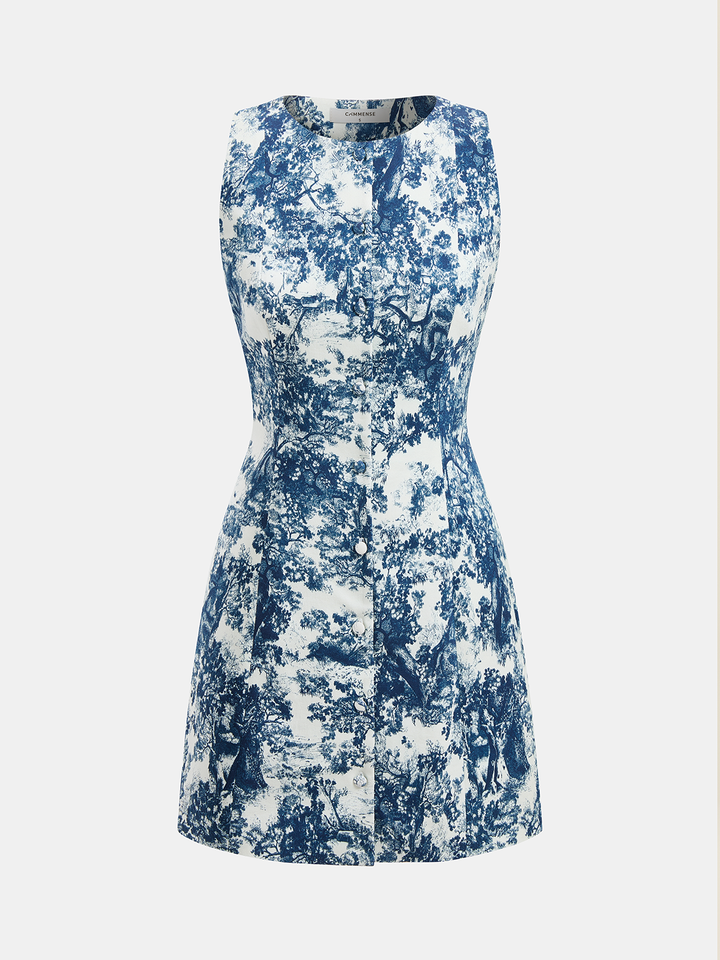 Sukienka mini bez rękawów w wzór toile