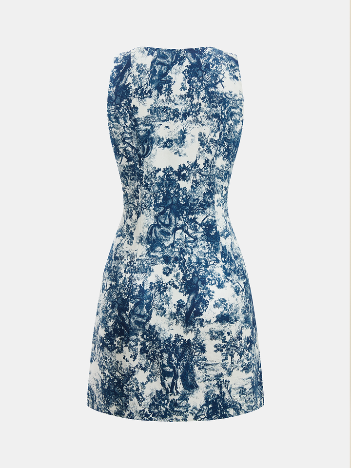 Sukienka mini bez rękawów w wzór toile