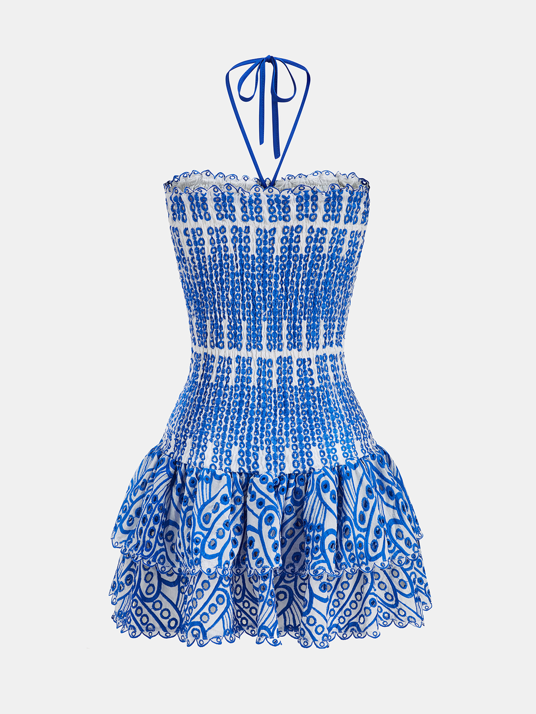 Halter Smocked Embroidered Layered Mini Dress