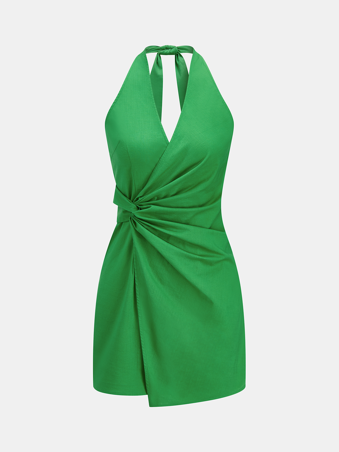 Skręcony Halter Bawełnowo-Lnianej Mini Sukienka