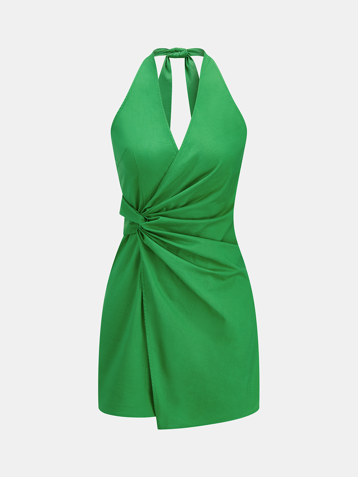 Skręcony Halter Bawełnowo-Lnianej Mini Sukienka