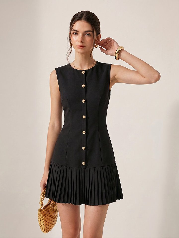 Sukienka mini bez rękawów z metalicznymi detalami, slim fit, plisowana