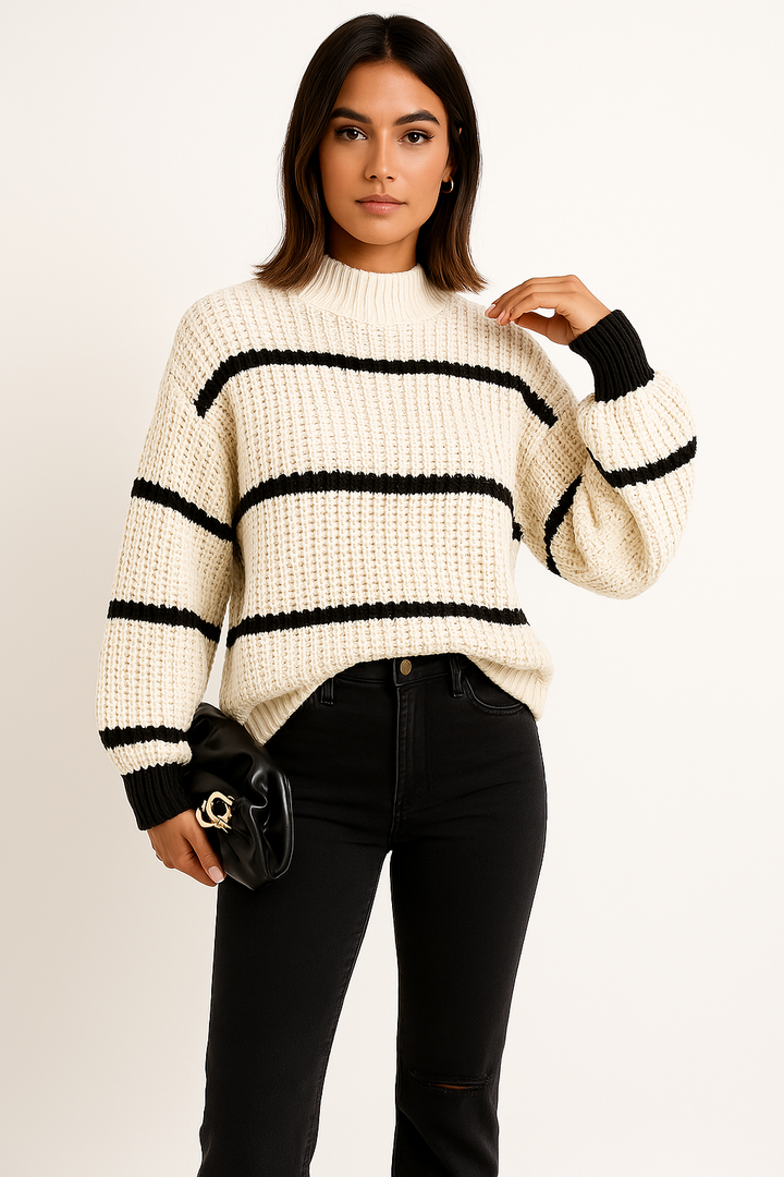 Renata | Oversizowy Sweter w Paski z Okraglym Dekoltem