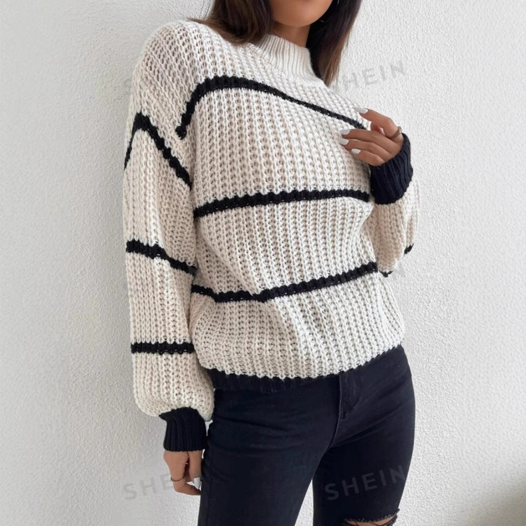 Renata | Oversizowy Sweter w Paski z Okraglym Dekoltem