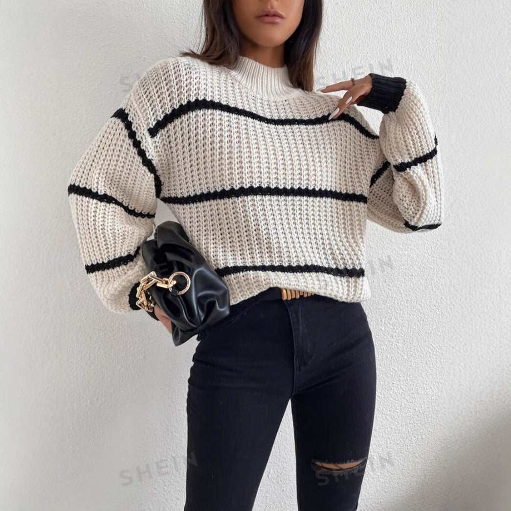 Renata | Oversizowy Sweter w Paski z Okraglym Dekoltem