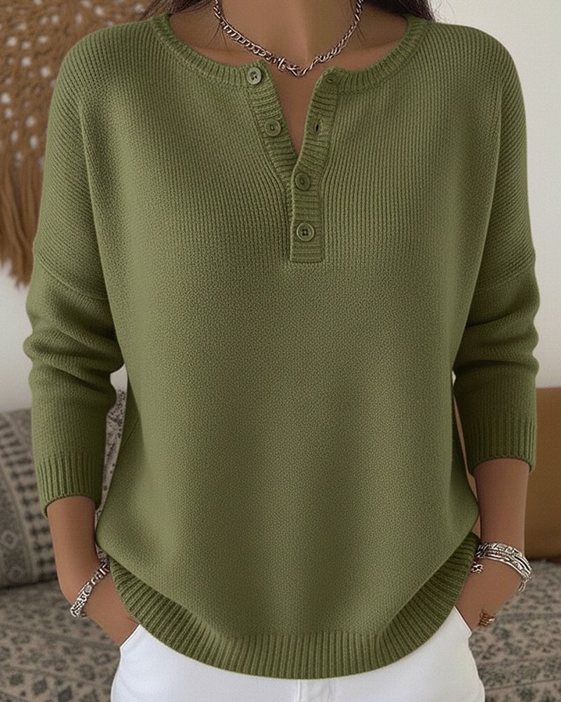 Helena | Dzianinowy Sweter Henley na Guziki