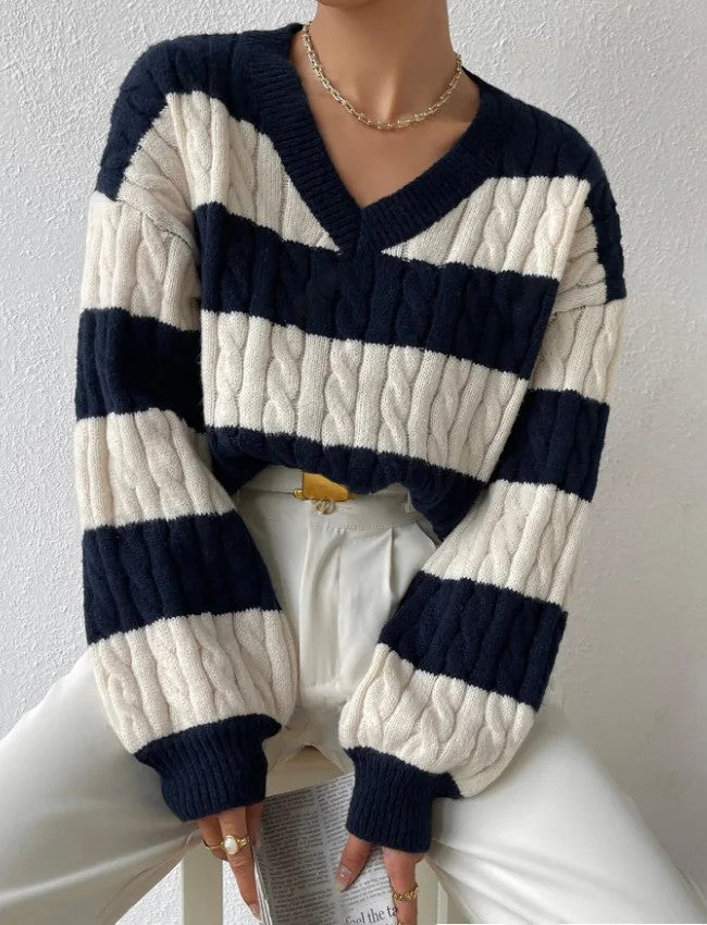 Amelia | Sweter w Paski z Warkoczowym Splotem