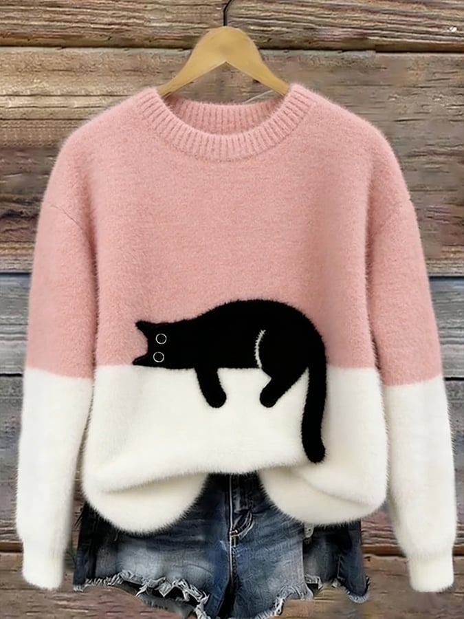 Inez | Sweter z Motywem Kota z Mieszanki Welny